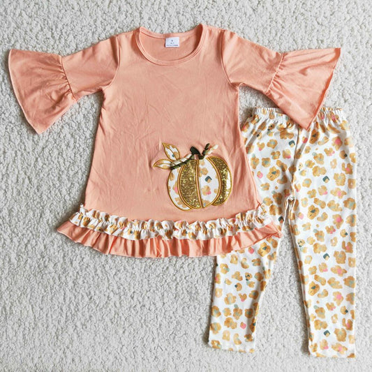 Fall 3/4 Ruffles Sleeve Embroidery Pumpkin Adorable Match Legging Pants Kids Clothing