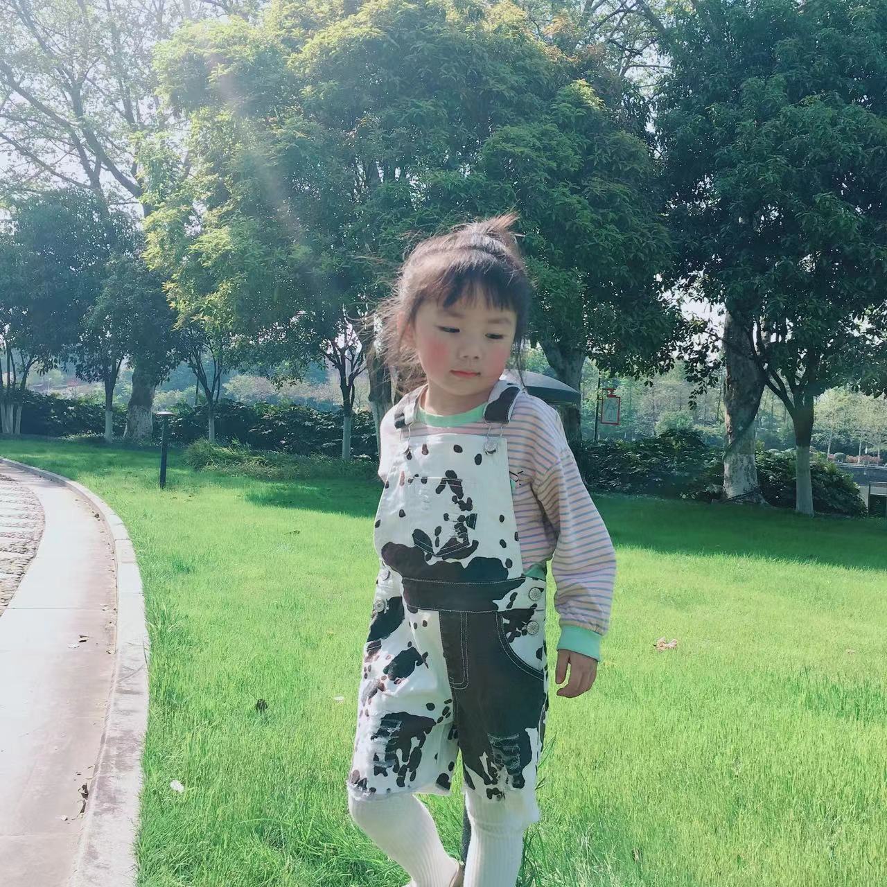 SS0019 Cow Print Baby Girls Denim Overalls