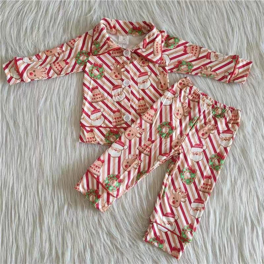 Boys Striped Print Christmas Santa& Deer Pajamas