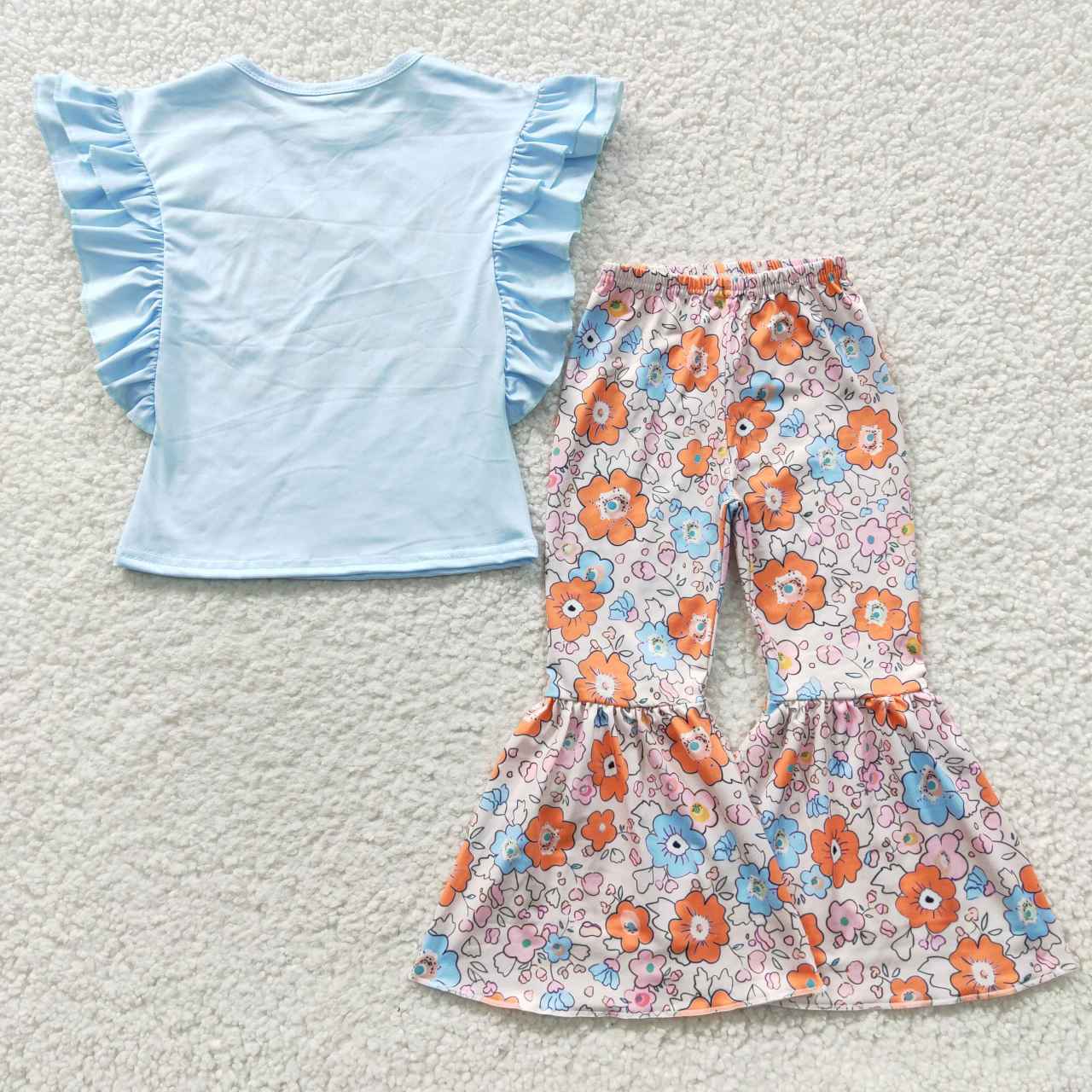 GSPO0539 Trouble Never Looked So Sweet Blue Ruffle Sleeve Floral Print Pants Kids Set