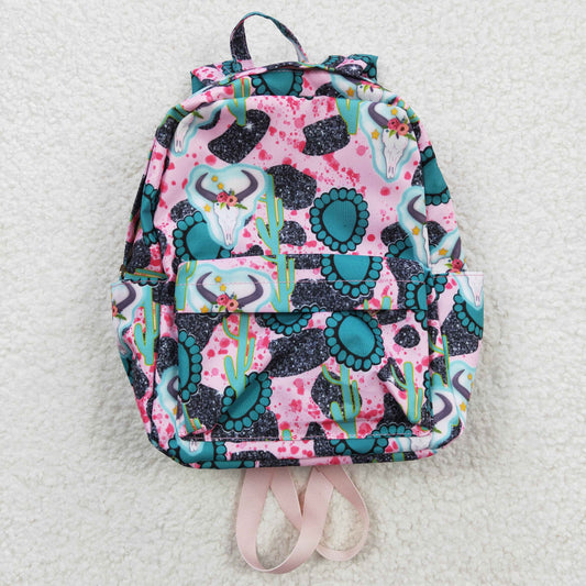 BA0044 Pink Cow Skull Aztec Western School Bag