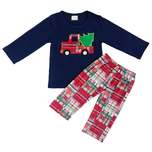 Embroidery Long Sleeve Christmas Tree Boys Plaid Pants Casual Outfits