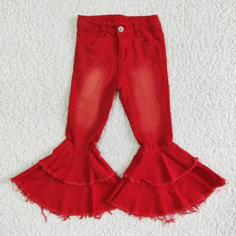 P0006 Red Double Ruffles Denim Jeans