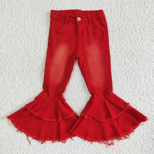 P0006 Red Double Ruffles Denim Jeans