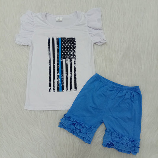 Flag White Short Sleeve Blue Shorts Girls Set