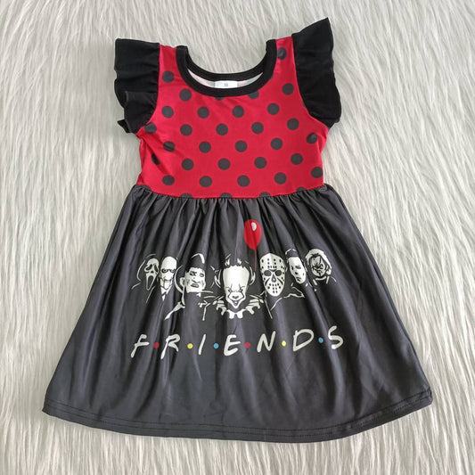 A3-3-1 Flutter Sleeve Dots Cartoon Design Casual Halloween Girls Fall Dresses