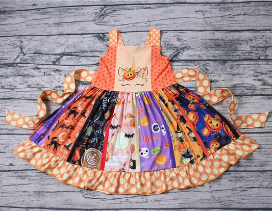 Fall Pumpkin Unicorn Halloween Print Twirls Casual Dress