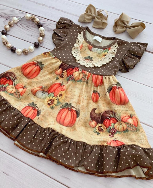 Fall Cute Girls Casual Pumpkin Fall Flutter Sleeve Twirl Dress