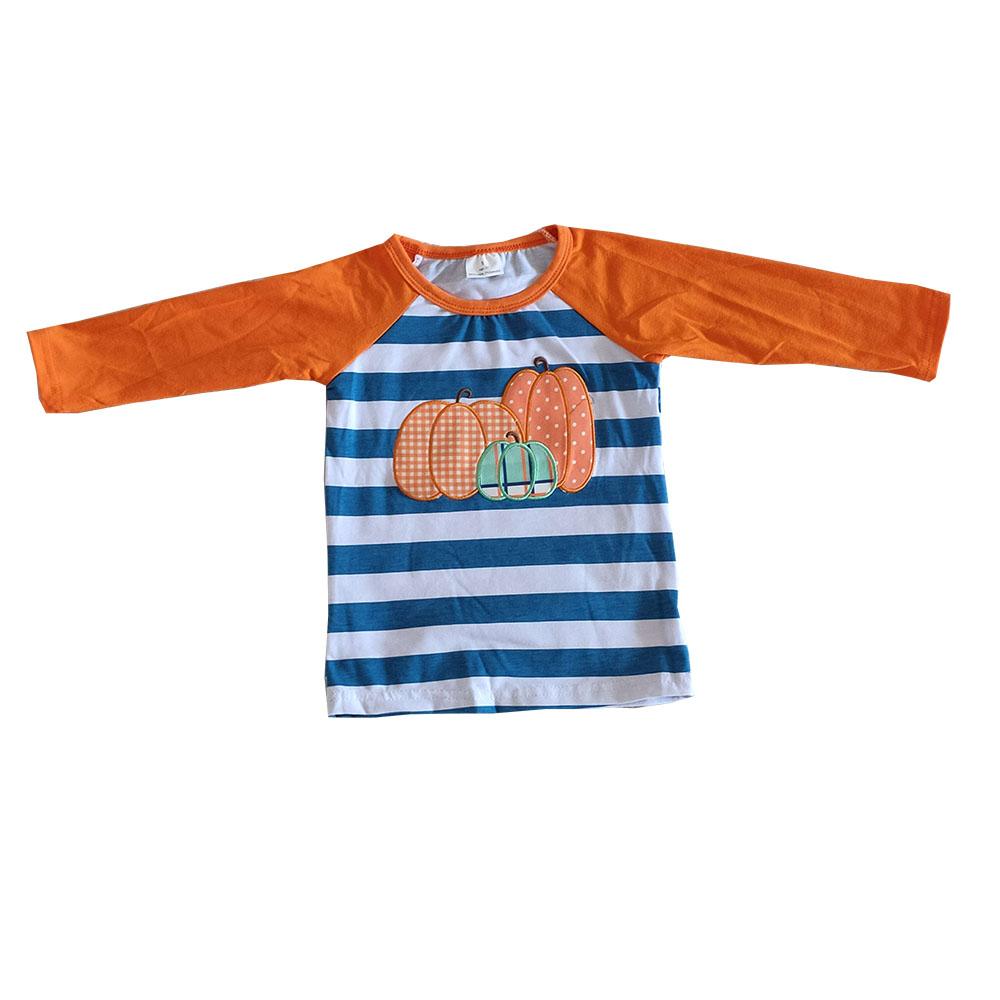 Embroidery Long Sleeve Raglan Boys Pumpkin Striped Tunic T-shirts