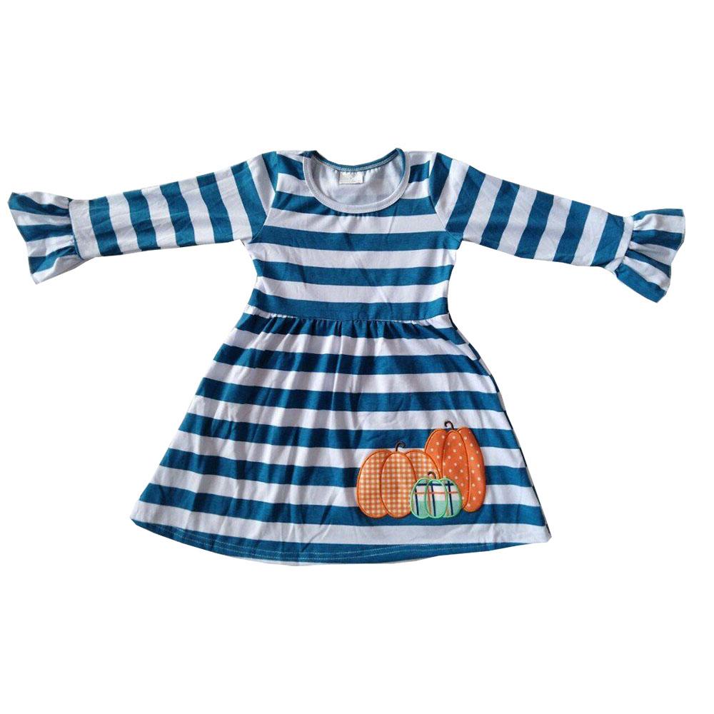 Hot Sale Cotton Girls Embroidery Pumpkin Striped Print Casual Girls Dress