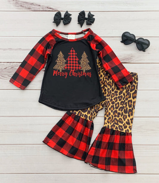 Merry Christmas Plaid Long Sleeve Leopard Print Trousers Kids Clothing