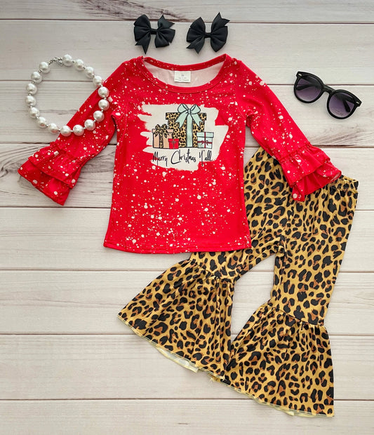 Christmas Gift Baby Girls Long Sleeve Red Bleach Design Leopard Print Kids Outfits