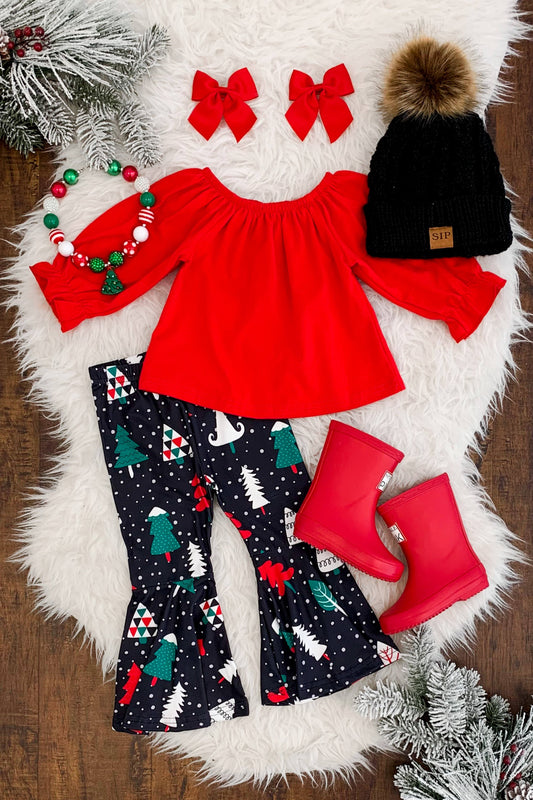 6 A24-5 Red Off Shoulder Casual Top Match Christmas Tree Print Bell-bottom Pants Sets