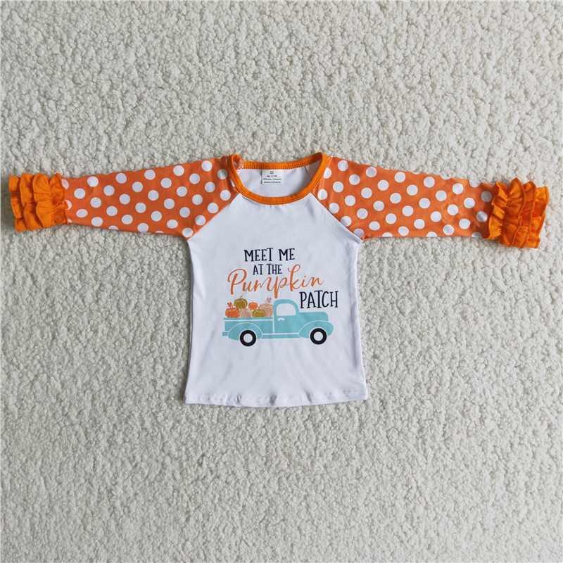 Fall Dots Long Ruffles Sleeve Pumpkin Truck Print Tunic Girls T-shirts