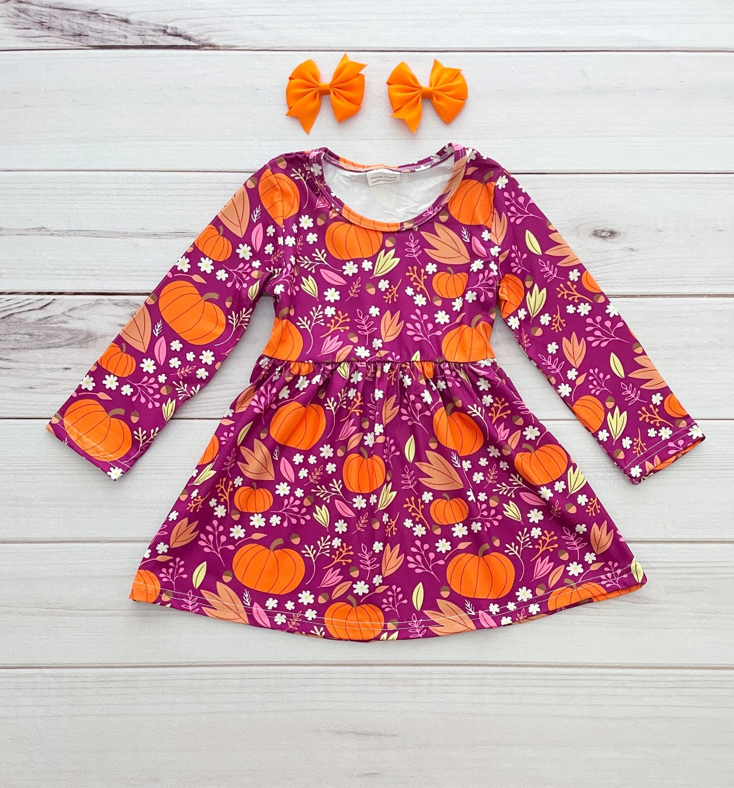 Fall Long Sleeve Purple Floral Print Pumpkin Casual Kids Dresses