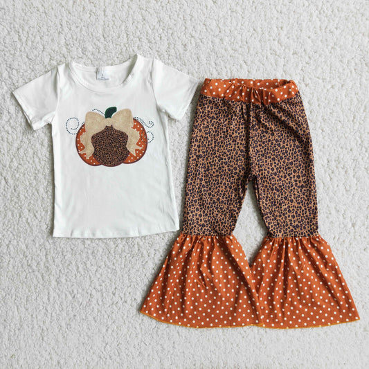 Cute Bow Pumpkin Fall Short Sleeve Leopard Print Trousers Kids Outfits