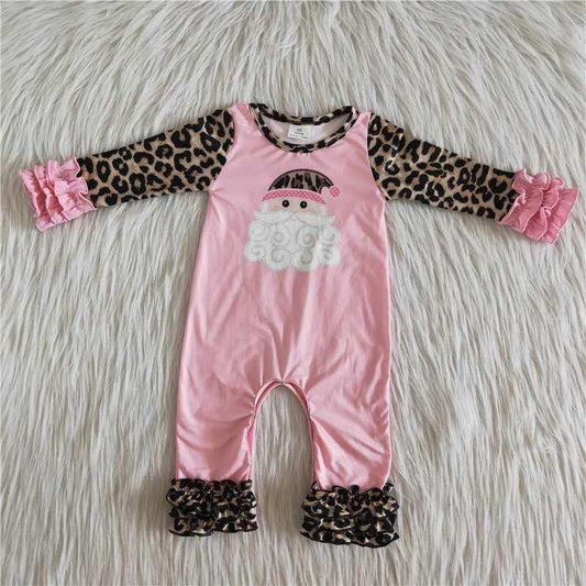 Pink Christmas Santa Leopard Print Ruffles Newborn Romper