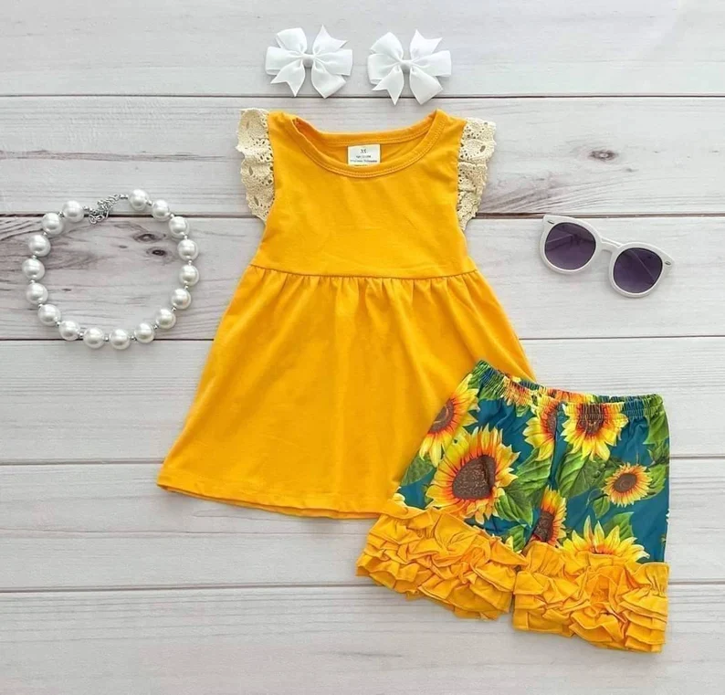 Yellow Flutter Lace Sleeve Sunflower Shorts Baby Girls Set