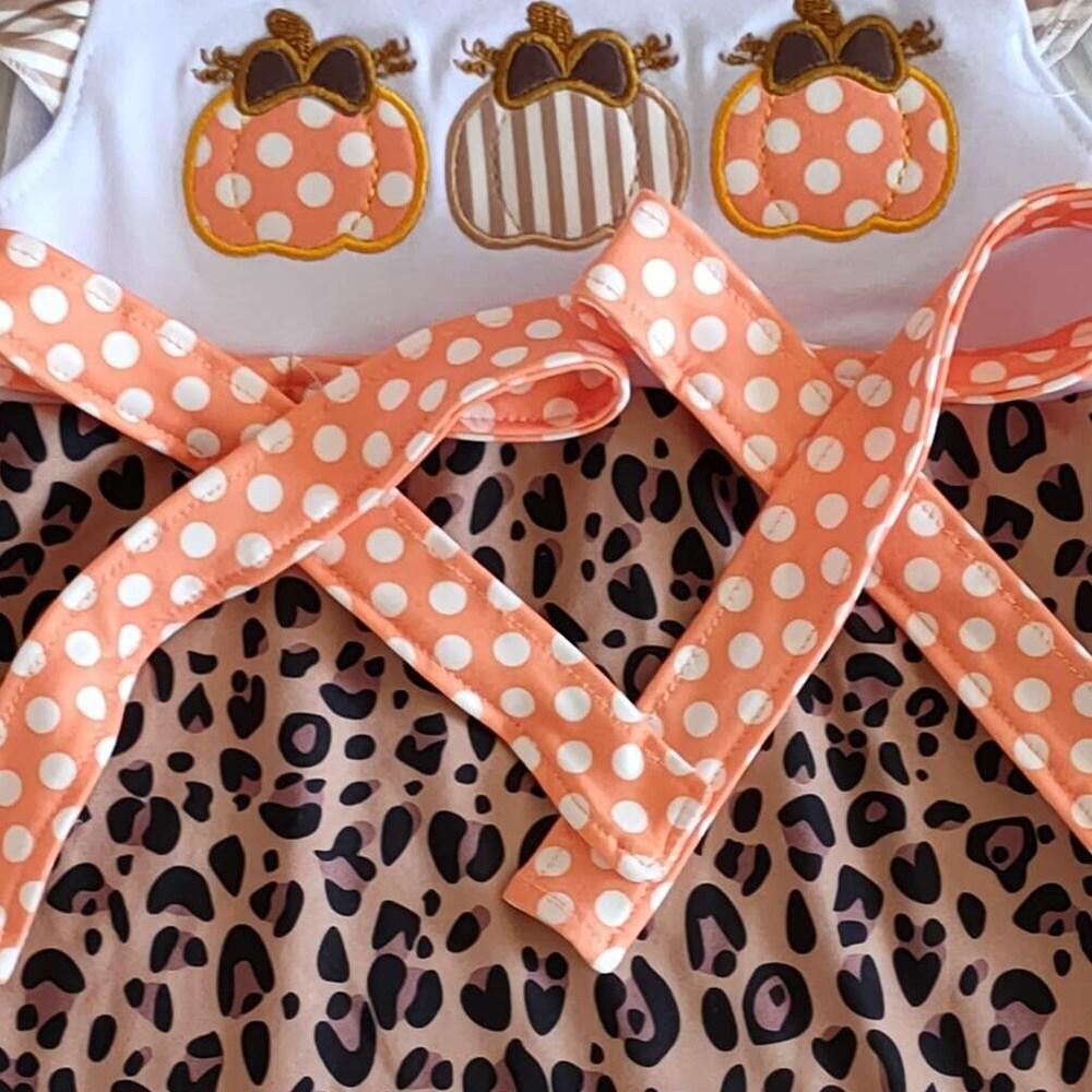 D1-15 Embroidery 3 Cute Pumpkin Fall Flutter Sleeve Leopard Print Kids Romper