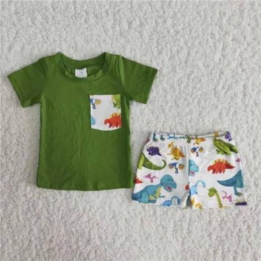 Kids Boy Green Dinosaur Print Summer Outfits
