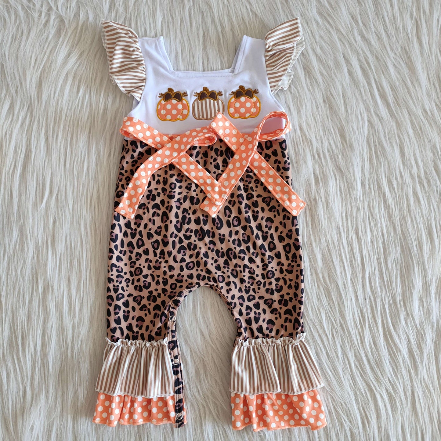 D1-15 Embroidery 3 Cute Pumpkin Fall Flutter Sleeve Leopard Print Kids Romper