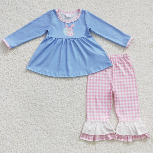 GLP0393 Blue Easter Embroidery Bunny Pink Ruffles Girls Outfits