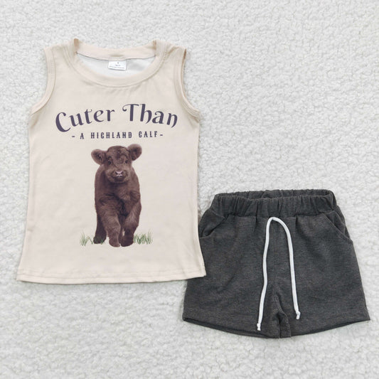 BSSO0224 Cuter Than A Highland Calf Sleeveless Bear Grey Shorts Boys Summer Set