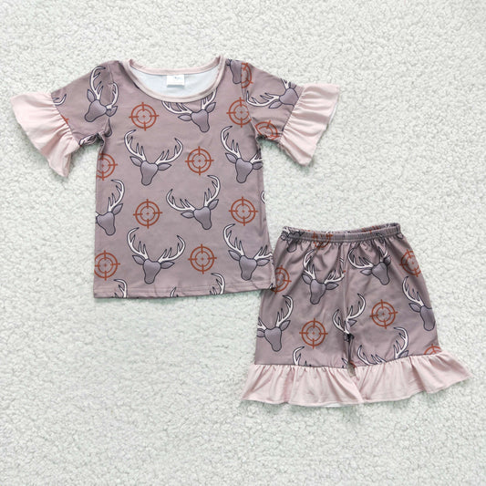 GSSO0138 Cow Skull Ruffles Brown Girls Shorts Set