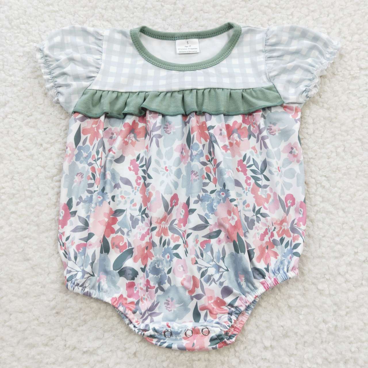 SR0345 Green Short Sleeve Flower Print Girls Romper