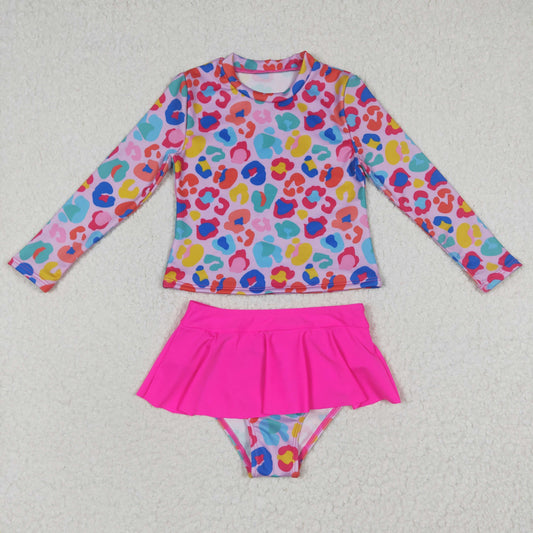 S0062 Leopard Print Colorful Girls Long Sleeve Bathing Suits Swimsuits