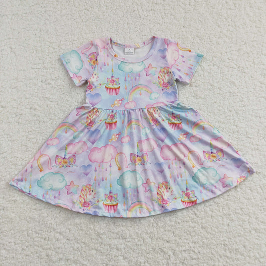 GSD0166 Purple Short Sleeve Rainbow Unicorn Baby Girls Dress