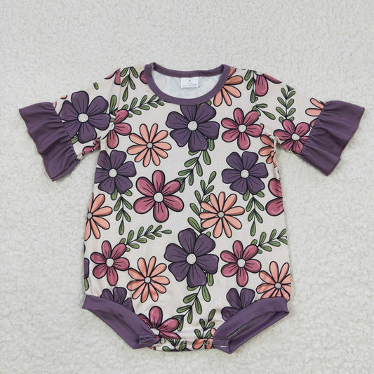 SR0168 Purple Short Sleeve Flower Print Girls Romper