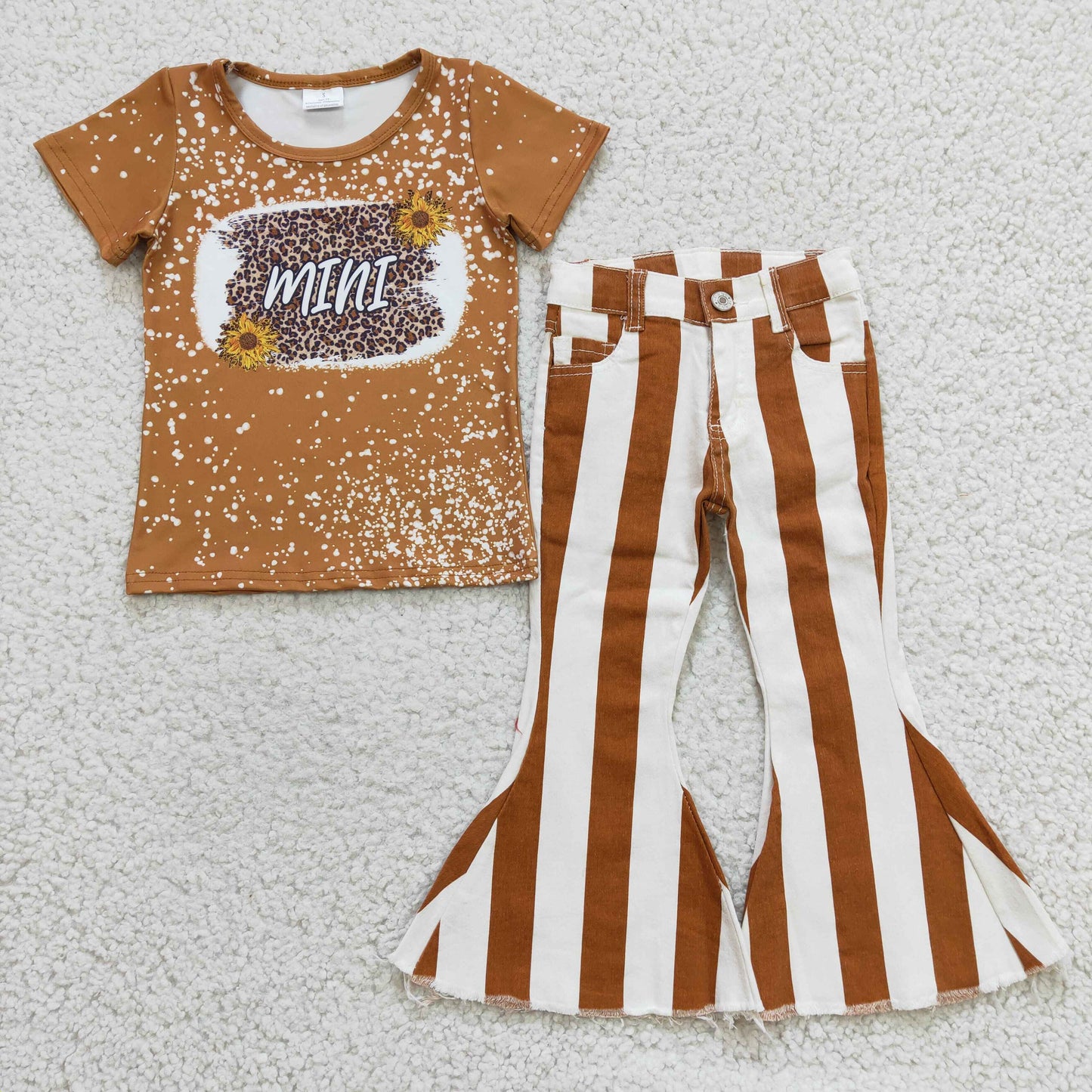 GSPO0501 Mini Brown Bleach Short Sleeve Striped Print Denim Jeans Girls Outfits