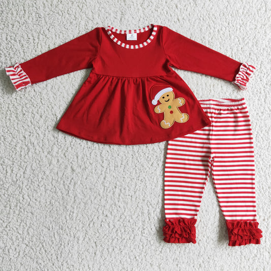 GLP0296 Christmas Gingerbread Embroidery Girls Red Outfits