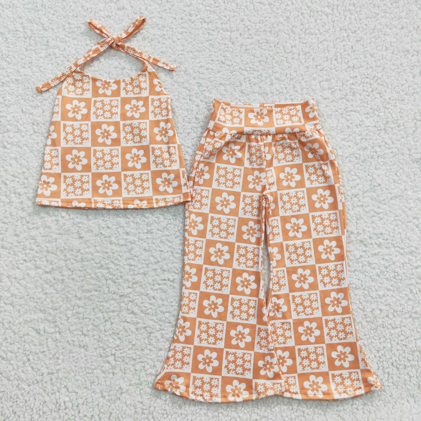 GSPO0519 Orange Flower Halter Top Pants Girls Set