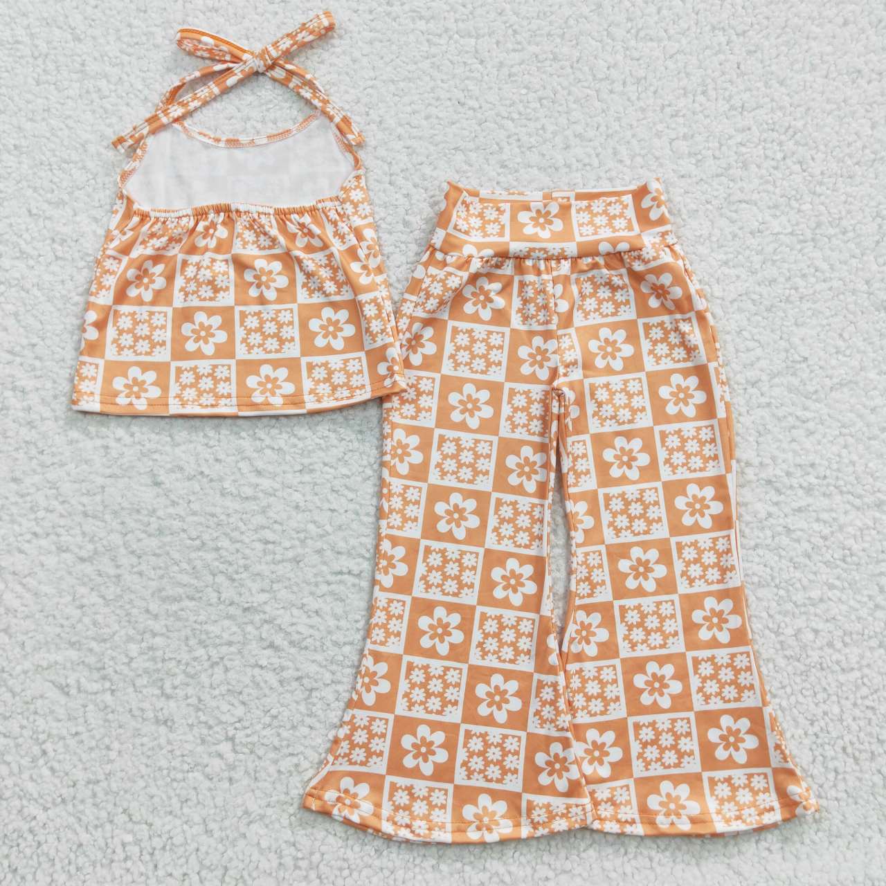 GSPO0519 Orange Flower Halter Top Pants Girls Set