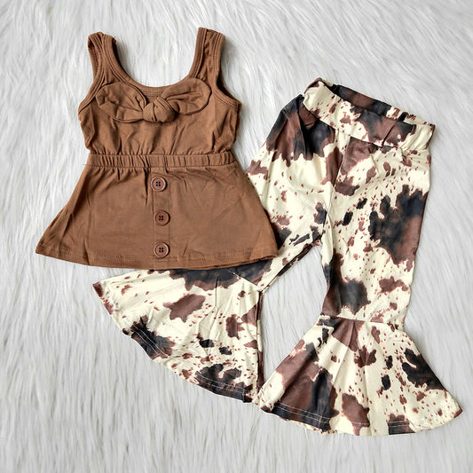 Brown Sleeve Sleeveless Cow Print Bell Pants Girls Set