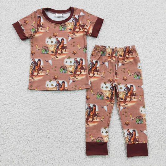 BSPO0061 Western Brown Horse Short Sleeve Cactus Boys Pajamas