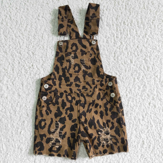 SS0018 Leopard Print Baby Girls Denim Overalls