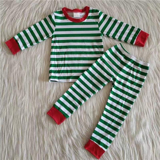 Christmas Green Striped Print Long Sleeve Pajamas