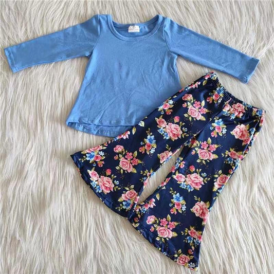 Blue Cotton Top Match Floral Pants Kids Set