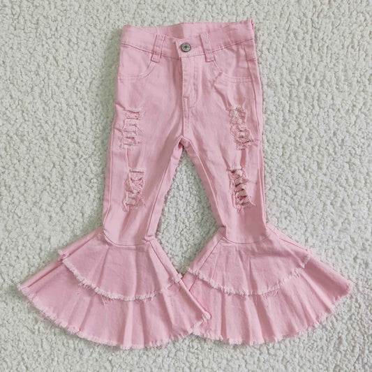 P0005 Pink Double Ruffles Denim Jeans