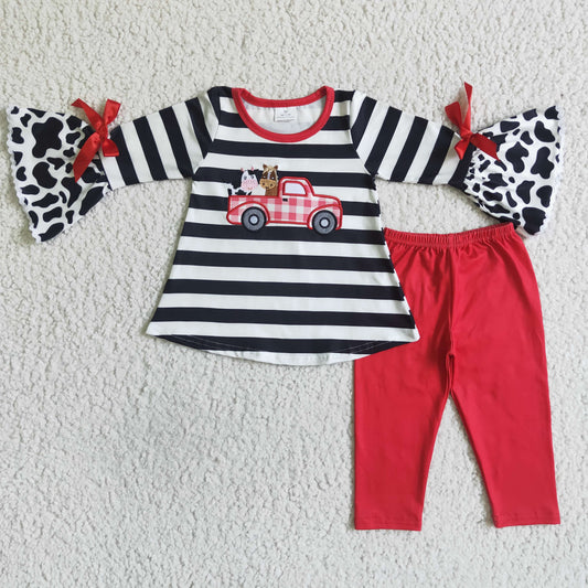 GLP0031 Farm Embroidery Girls Red Pants Outfits