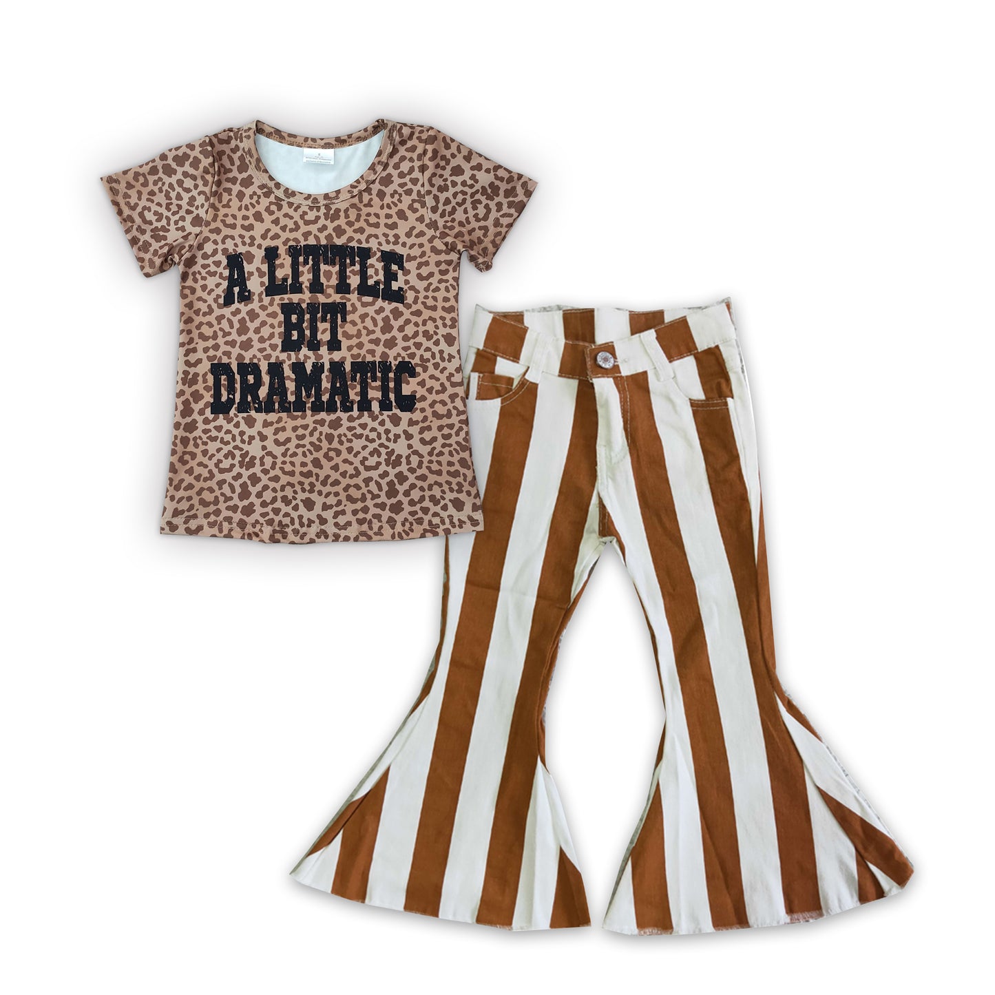 GSPO0641 A Little Bit Dramatic Leopard Print Brown Striped Print Denim Jeans Girls Set