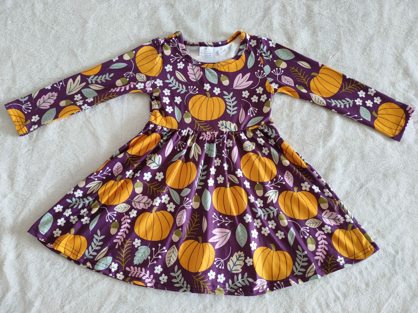 Fall Long Sleeve Purple Floral Print Pumpkin Casual Kids Dresses