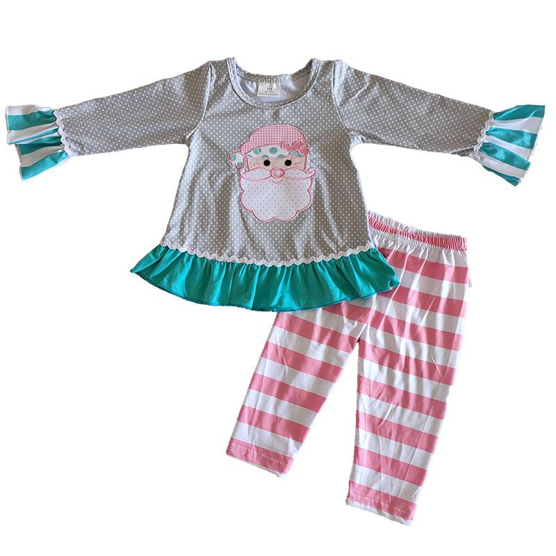 Christmas Pink Embroidery Santa Hot Sale Baby Girls Outfits