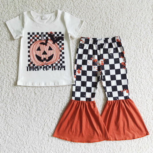 GSPO0168 Pumpkin Halloween Black Plaid Print Pants Set
