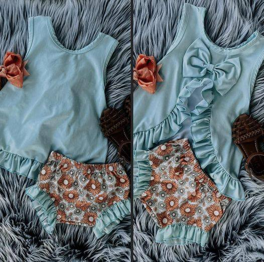 GBO0121 Blue Floral Print Baby Girls Bummies Set