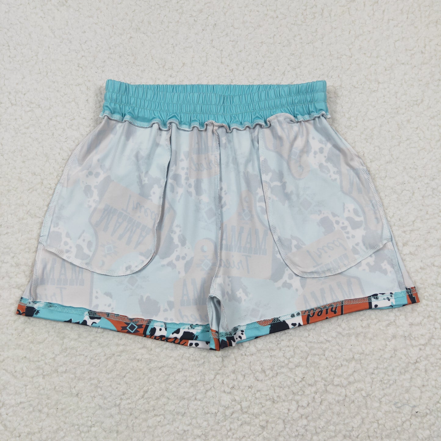 SS0052 Mama Tried Cow Print Turquoise Adult Summer Shorts