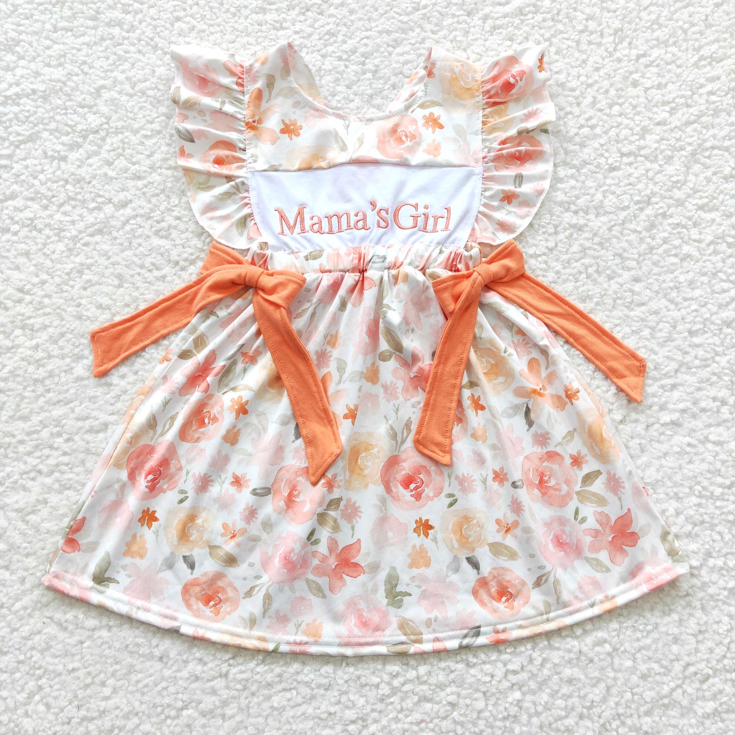 GSD0307 Orange Flower Print Mama's Girl Embroidery Dress